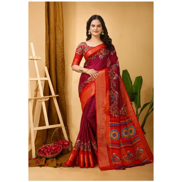 Generic Women's Soft Dola Cotton Kalamkari Printed Saree With Unstitched Blouse 5.5Mtr (Maroon) - Image 4