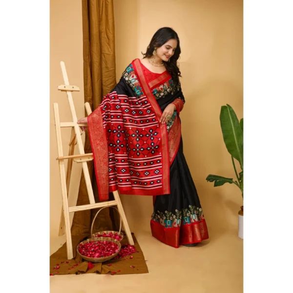 Generic Women's Soft Dola Cotton Kalamkari Printed Saree With Unstitched Blouse 5.5Mtr (Black) - Image 2