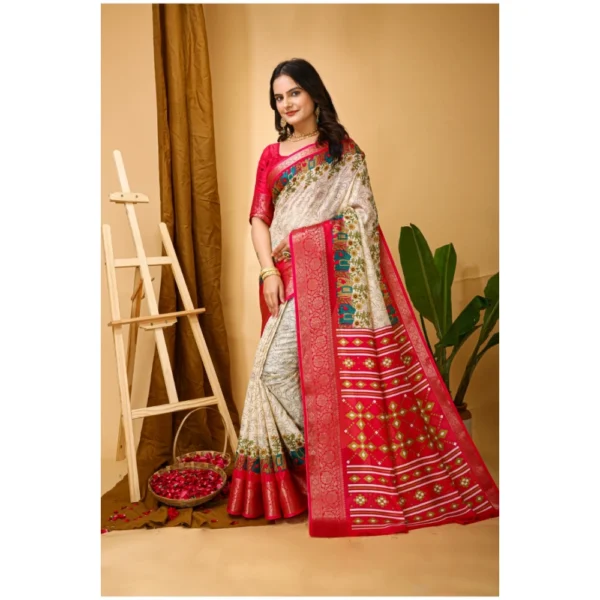 Generic Women's Soft Dola Cotton Kalamkari Printed Saree With Unstitched Blouse 5.5Mtr (White) - Image 4