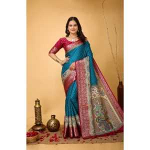 Generic Women's Soft Dola Cotton Kalamkari Printed Saree With Unstitched Blouse 5.5Mtr (Sky Blue)