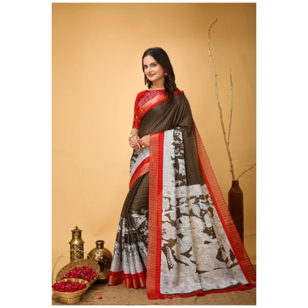 Generic Women's Soft Handloom Cotton Kalamkari Printed Saree With Unstitched Blouse 5.5Mtr (Brown) - Image 4
