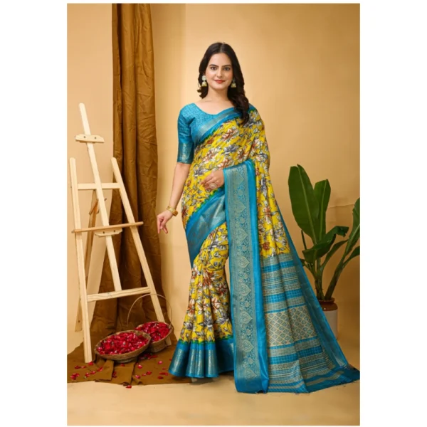 Generic Women's Soft Dola Cotton Kalamkari Printed Saree With Unstitched Blouse 5.5Mtr (Yellow) - Image 4
