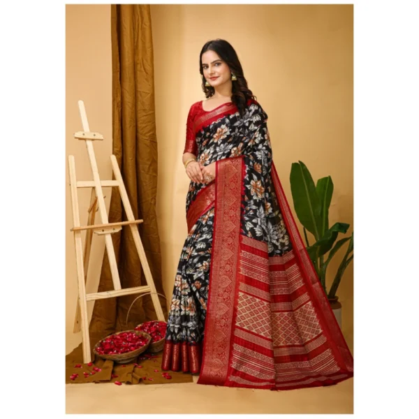 Generic Women's Soft Dola Cotton Kalamkari Printed Saree With Unstitched Blouse 5.5Mtr (Black) - Image 4