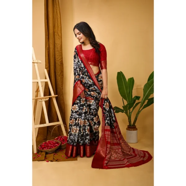 Generic Women's Soft Dola Cotton Kalamkari Printed Saree With Unstitched Blouse 5.5Mtr (Black) - Image 2