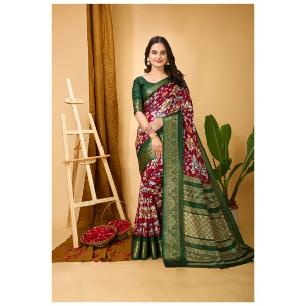 Generic Women's Soft Dola Cotton Kalamkari Printed Saree With Unstitched Blouse 5.5Mtr (Maroon) - Image 4