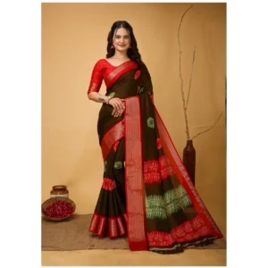 Generic Women's Soft Blooming Marshmallow Fabric Kalamkari Printed Saree With Unstitched Blouse 5.5Mtr (Mehendi)