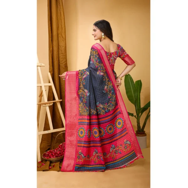 Generic Women's Soft Dola Cotton Kalamkari Printed Saree With Unstitched Blouse 5.5Mtr (Grey) - Image 3