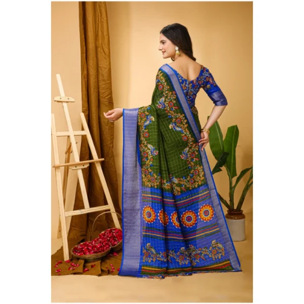 Generic Women's Soft Dola Cotton Kalamkari Printed Saree With Unstitched Blouse 5.5Mtr (Mehendi) - Image 2