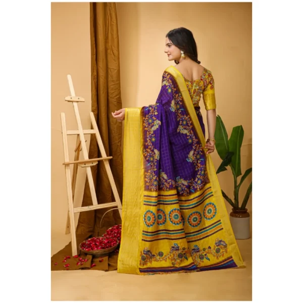 Generic Women's Soft Dola Cotton Kalamkari Printed Saree With Unstitched Blouse 5.5Mtr (Purple) - Image 3