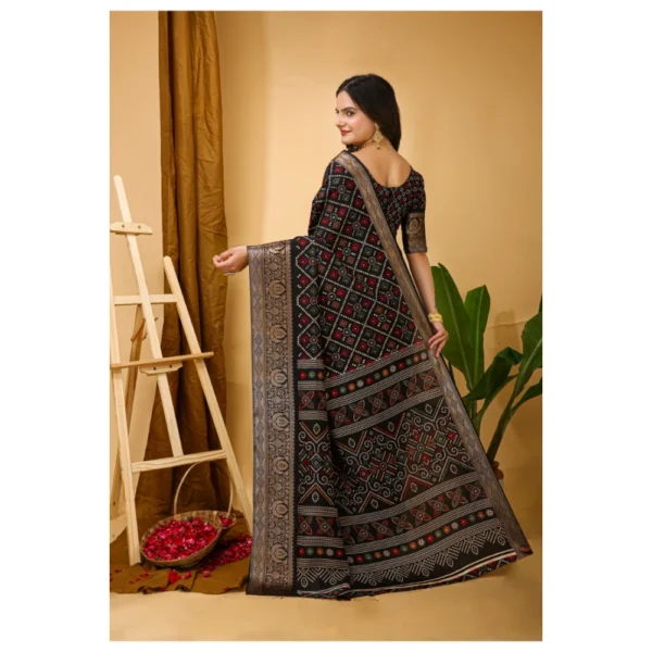 Generic Women's Soft Dola Cotton Kalamkari Printed Saree With Unstitched Blouse 5.5Mtr (Black) - Image 3