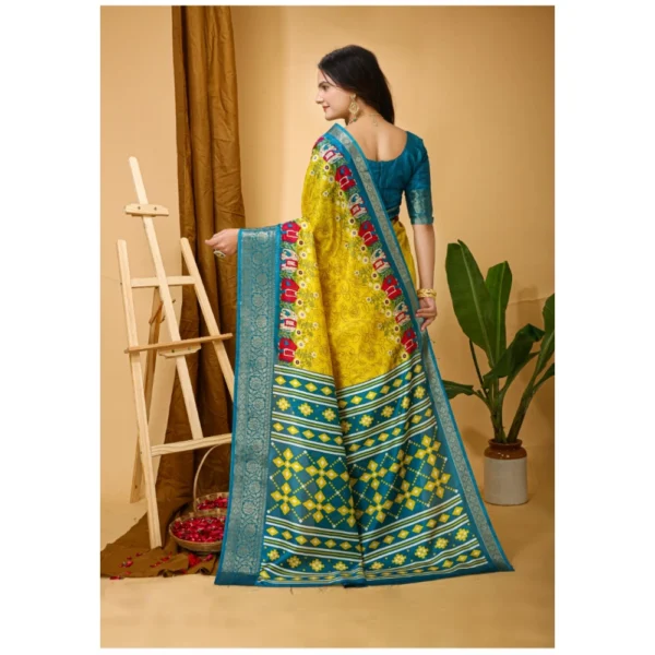 Generic Women's Soft Dola Cotton Kalamkari Printed Saree With Unstitched Blouse 5.5Mtr (Yellow) - Image 3