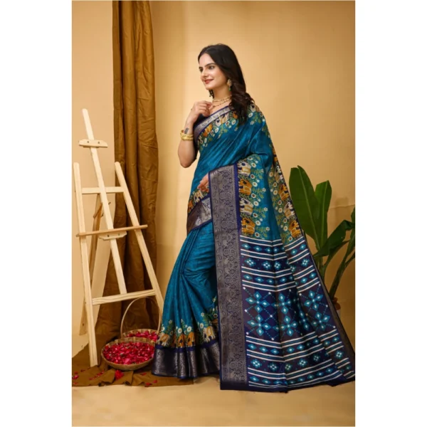Generic Women's Soft Dola Cotton Kalamkari Printed Saree With Unstitched Blouse 5.5Mtr (Blue) - Image 4