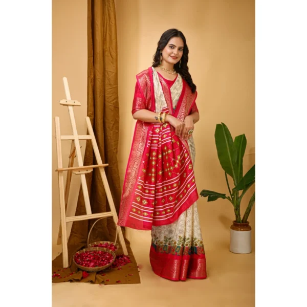 Generic Women's Soft Dola Cotton Kalamkari Printed Saree With Unstitched Blouse 5.5Mtr (White) - Image 2