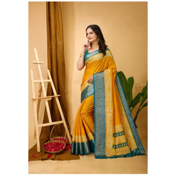 Generic Women's Soft Dola Cotton Kalamkari Printed Saree With Unstitched Blouse 5.5Mtr (Yellow) - Image 4