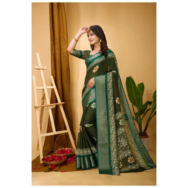 Generic Women's Soft Blooming Marshmallow Fabric Kalamkari Printed Saree With Unstitched Blouse 5.5Mtr (Green) - Image 4
