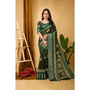 Generic Women's Soft Blooming Marshmallow Fabric Kalamkari Printed Saree With Unstitched Blouse 5.5Mtr (Green)