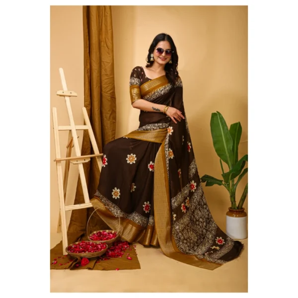 Generic Women's Soft Blooming Marshmallow Fabric Kalamkari Printed Saree With Unstitched Blouse 5.5Mtr (Brown) - Image 2