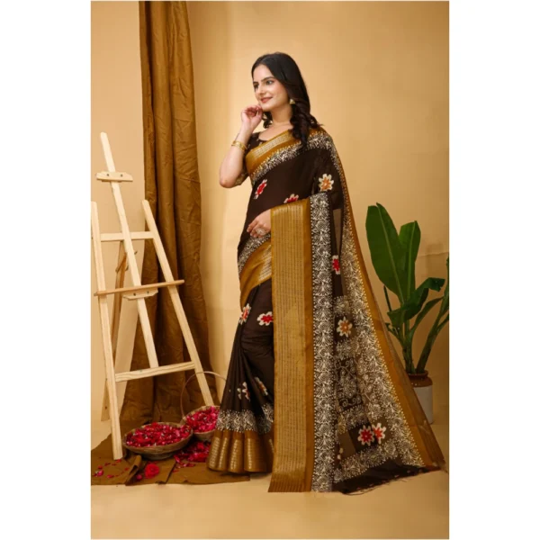 Generic Women's Soft Blooming Marshmallow Fabric Kalamkari Printed Saree With Unstitched Blouse 5.5Mtr (Brown) - Image 4