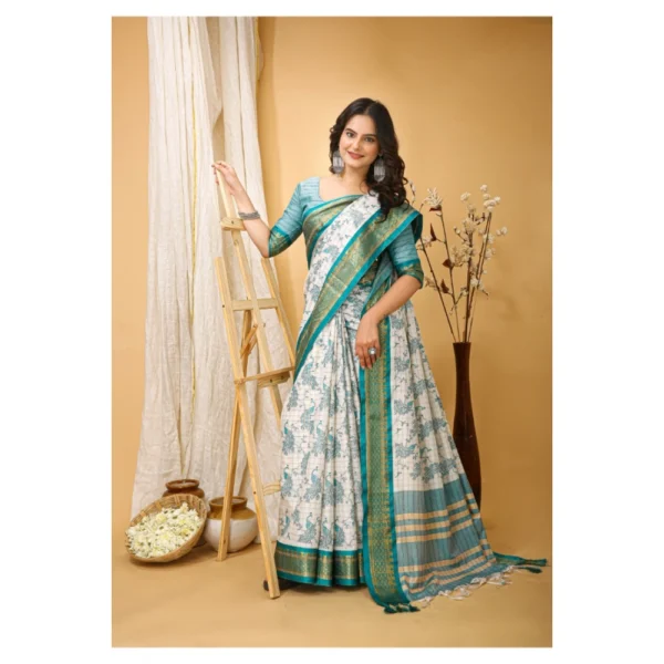 Generic Women's Soft Cotton Silk Printed Saree With Unstitched Blouse 5.5Mtr (Turquoise) - Image 3