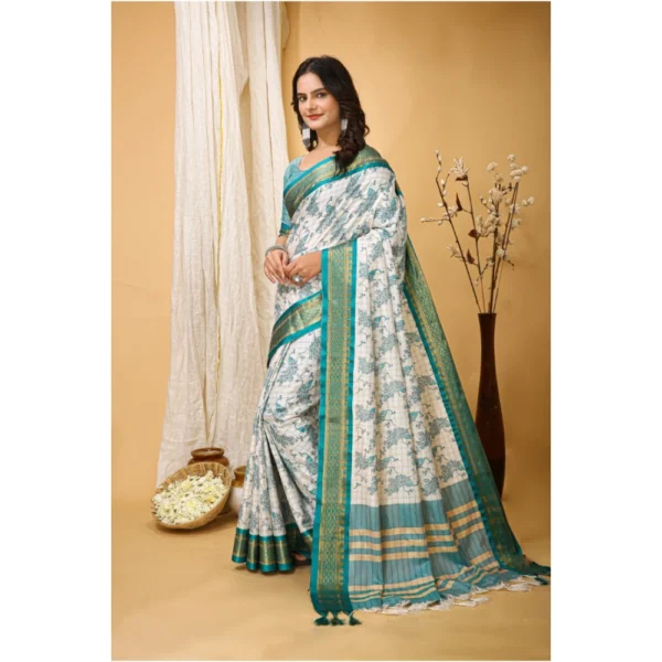 Generic Women's Soft Cotton Silk Printed Saree With Unstitched Blouse 5.5Mtr (Turquoise) - Image 2