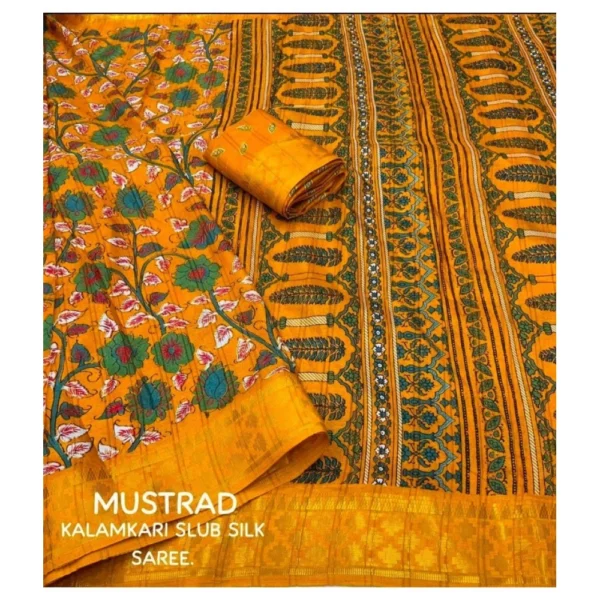 Generic Women's Soft Dola Cotton Kalamkari Printed Saree With Unstitched Blouse 5.5Mtr (Yellow) - Image 3