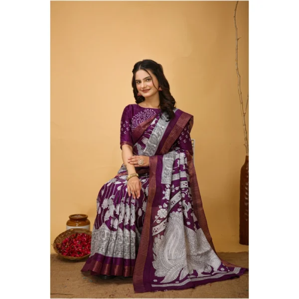 Generic Women's Soft Handloom Cotton Kalamkari Printed Saree With Unstitched Blouse 5.5Mtr (Purple) - Image 2