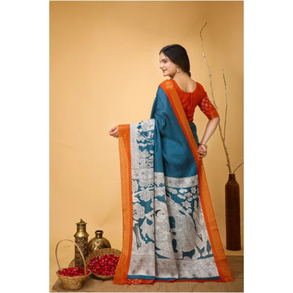 Generic Women's Soft Handloom Cotton Kalamkari Printed Saree With Unstitched Blouse 5.5Mtr (Teal Blue) - Image 3