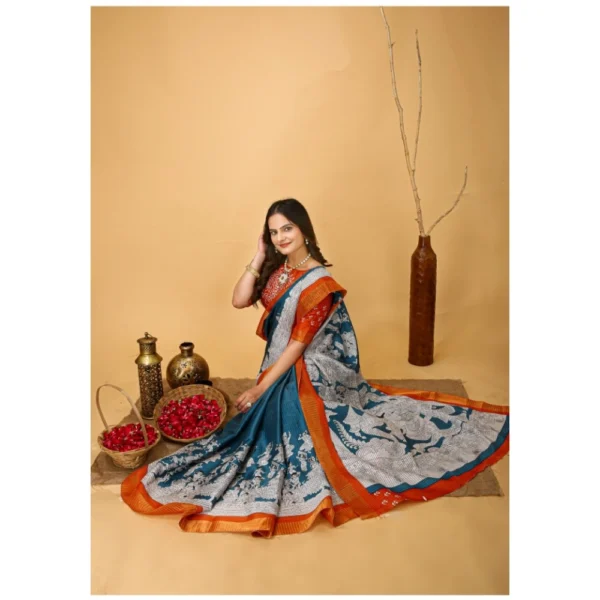 Generic Women's Soft Handloom Cotton Kalamkari Printed Saree With Unstitched Blouse 5.5Mtr (Teal Blue) - Image 2