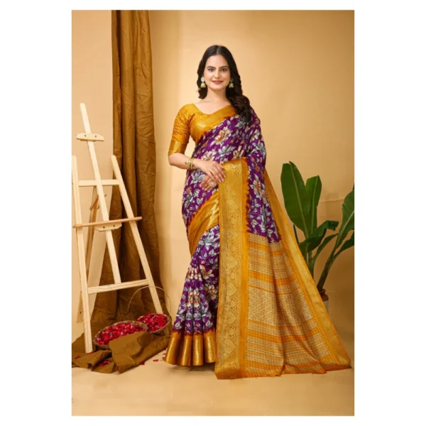Generic Women's Soft Dola Cotton Kalamkari Printed Saree With Unstitched Blouse 5.5Mtr (Purple) - Image 4