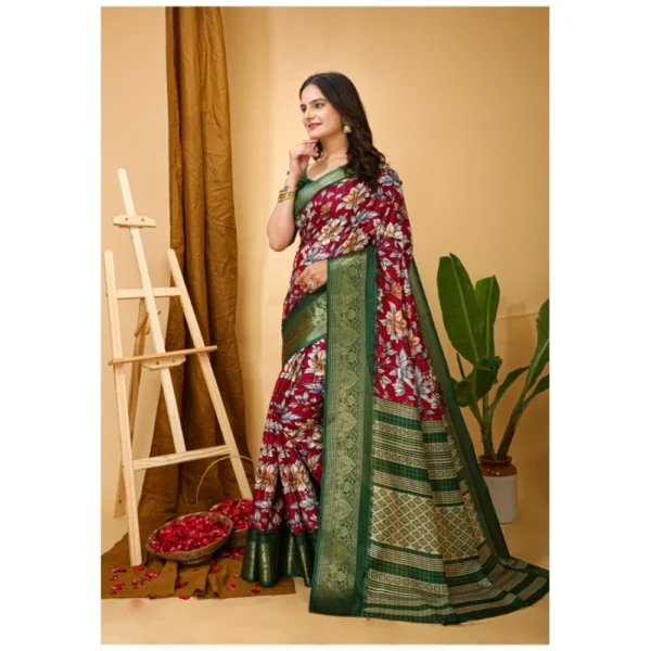 Generic Women's Soft Dola Cotton Kalamkari Printed Saree With Unstitched Blouse 5.5Mtr (Maroon) - Image 3