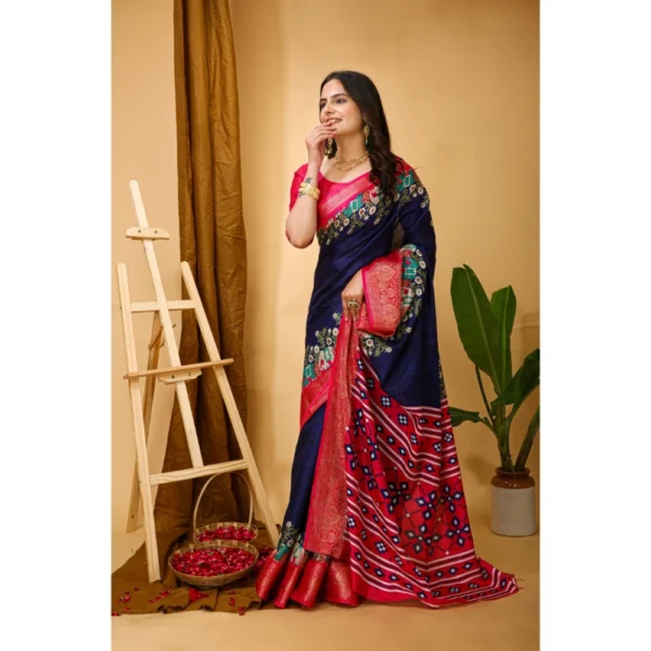 Generic Women's Soft Dola Cotton Kalamkari Printed Saree With Unstitched Blouse 5.5Mtr (Navy Blue) - Image 3