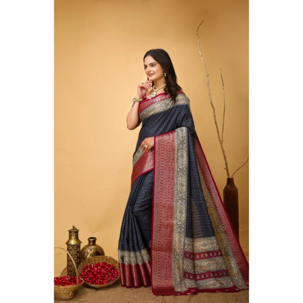 Generic Women's Soft Dola Cotton Kalamkari Printed Saree With Unstitched Blouse 5.5Mtr (Grey) - Image 4