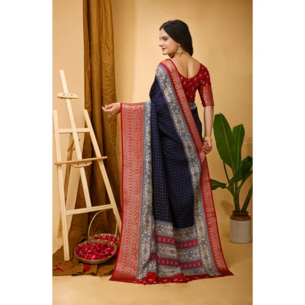 Generic Women's Soft Dola Cotton Kalamkari Printed Saree With Unstitched Blouse 5.5Mtr (Navy Blue) - Image 3