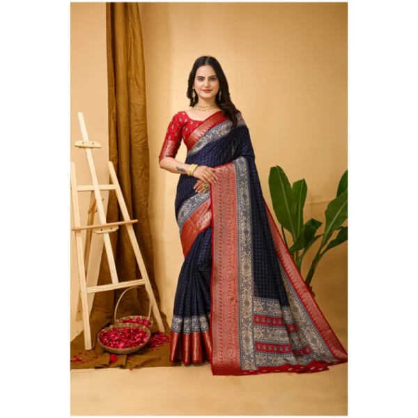 Generic Women's Soft Dola Cotton Kalamkari Printed Saree With Unstitched Blouse 5.5Mtr (Navy Blue)