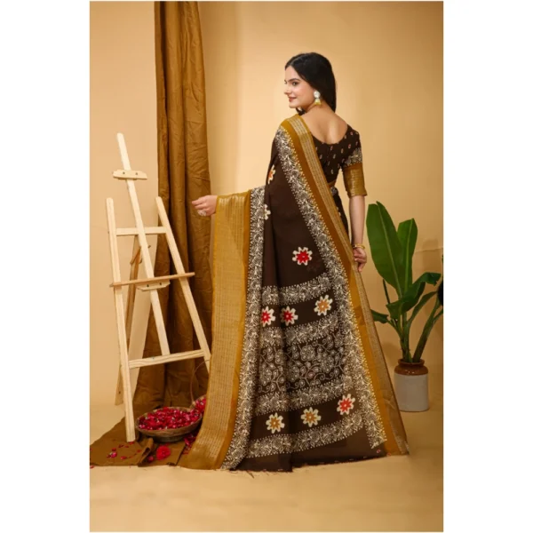 Generic Women's Soft Blooming Marshmallow Fabric Kalamkari Printed Saree With Unstitched Blouse 5.5Mtr (Brown) - Image 3