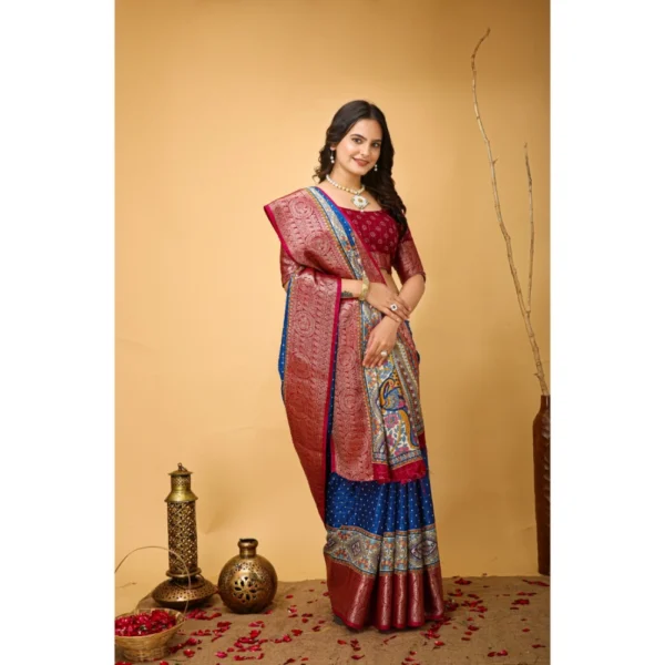 Generic Women's Soft Dola Cotton Kalamkari Printed Saree With Unstitched Blouse 5.5Mtr (Blue) - Image 2