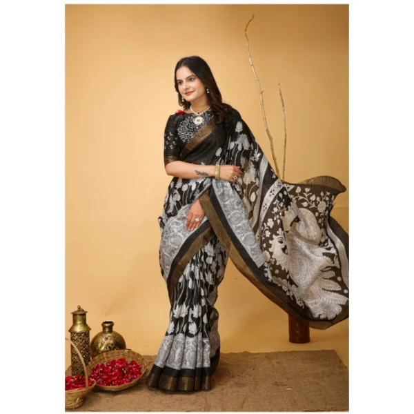 Generic Women's Soft Handloom Cotton Kalamkari Printed Saree With Unstitched Blouse 5.5Mtr (Black) - Image 2