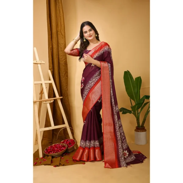 Generic Women's Soft Blooming Marshmallow Fabric Kalamkari Printed Saree With Unstitched Blouse 5.5Mtr (Wine) - Image 2