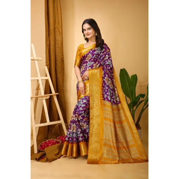 Generic Women's Soft Dola Cotton Kalamkari Printed Saree With Unstitched Blouse 5.5Mtr (Purple) - Image 3