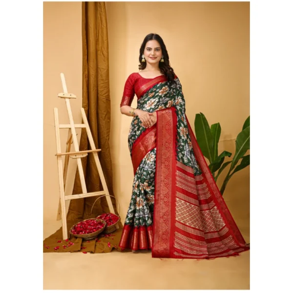 Generic Women's Soft Dola Cotton Kalamkari Printed Saree With Unstitched Blouse 5.5Mtr (Green) - Image 3