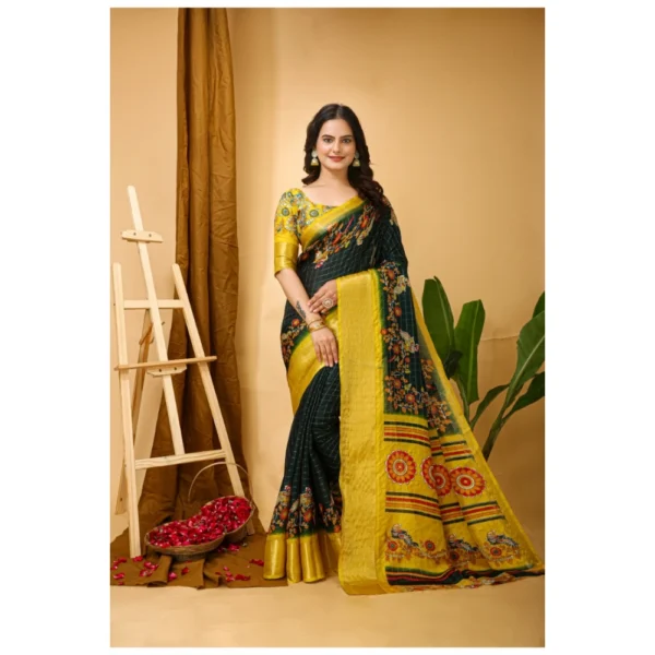 Generic Women's Soft Dola Cotton Kalamkari Printed Saree With Unstitched Blouse 5.5Mtr (Green) - Image 4