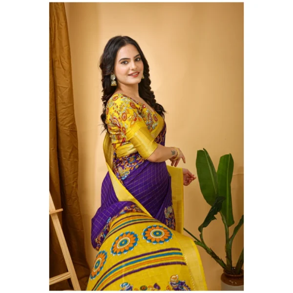 Generic Women's Soft Dola Cotton Kalamkari Printed Saree With Unstitched Blouse 5.5Mtr (Purple) - Image 2