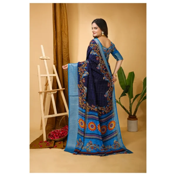 Generic Women's Soft Dola Cotton Kalamkari Printed Saree With Unstitched Blouse 5.5Mtr (Navy Blue) - Image 3