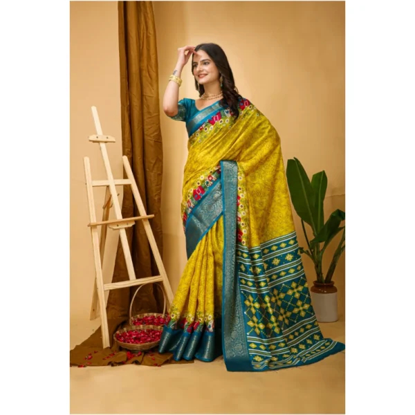 Generic Women's Soft Dola Cotton Kalamkari Printed Saree With Unstitched Blouse 5.5Mtr (Yellow) - Image 2