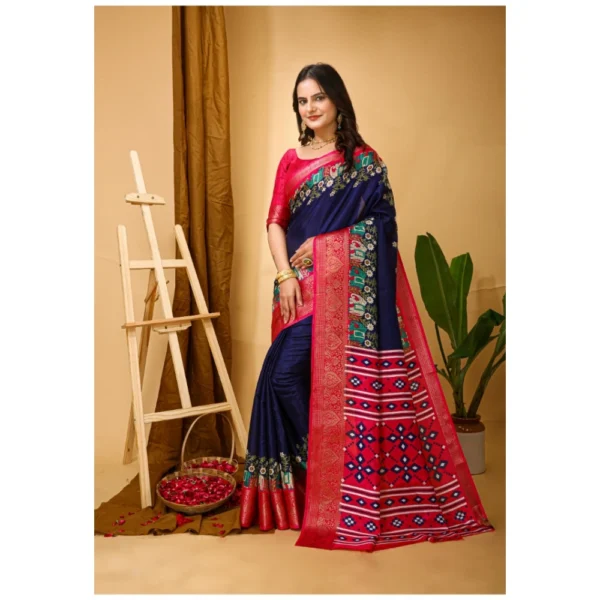 Generic Women's Soft Dola Cotton Kalamkari Printed Saree With Unstitched Blouse 5.5Mtr (Navy Blue) - Image 4