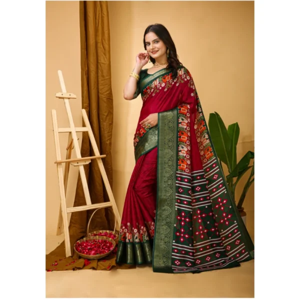 Generic Women's Soft Dola Cotton Kalamkari Printed Saree With Unstitched Blouse 5.5Mtr (Red) - Image 4