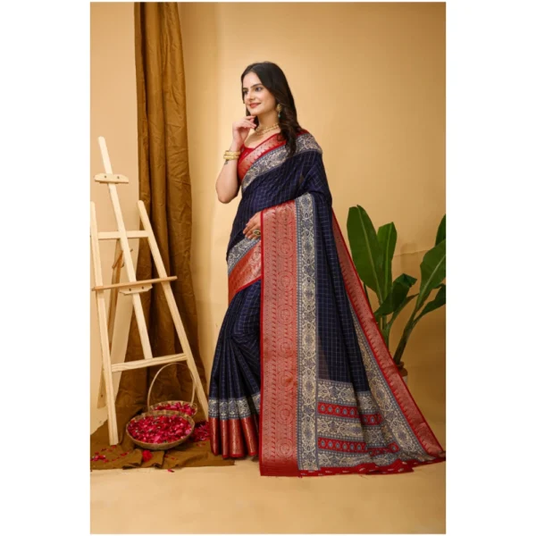 Generic Women's Soft Dola Cotton Kalamkari Printed Saree With Unstitched Blouse 5.5Mtr (Navy Blue) - Image 4
