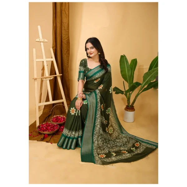 Generic Women's Soft Blooming Marshmallow Fabric Kalamkari Printed Saree With Unstitched Blouse 5.5Mtr (Green) - Image 2