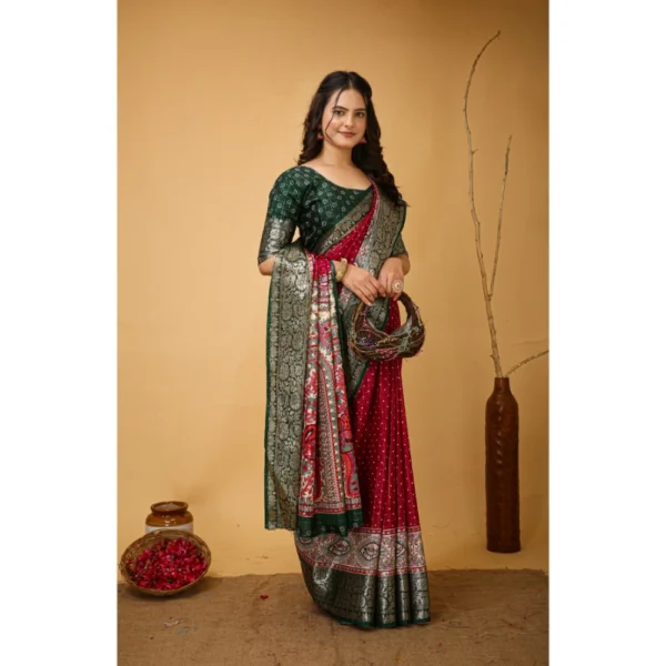 Generic Women's Soft Dola Cotton Kalamkari Printed Saree With Unstitched Blouse 5.5Mtr (Maroon) - Image 2