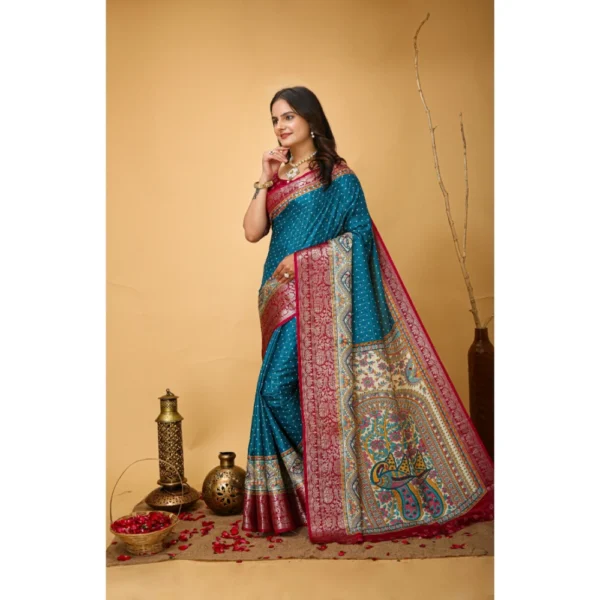 Generic Women's Soft Dola Cotton Kalamkari Printed Saree With Unstitched Blouse 5.5Mtr (Sky Blue) - Image 4
